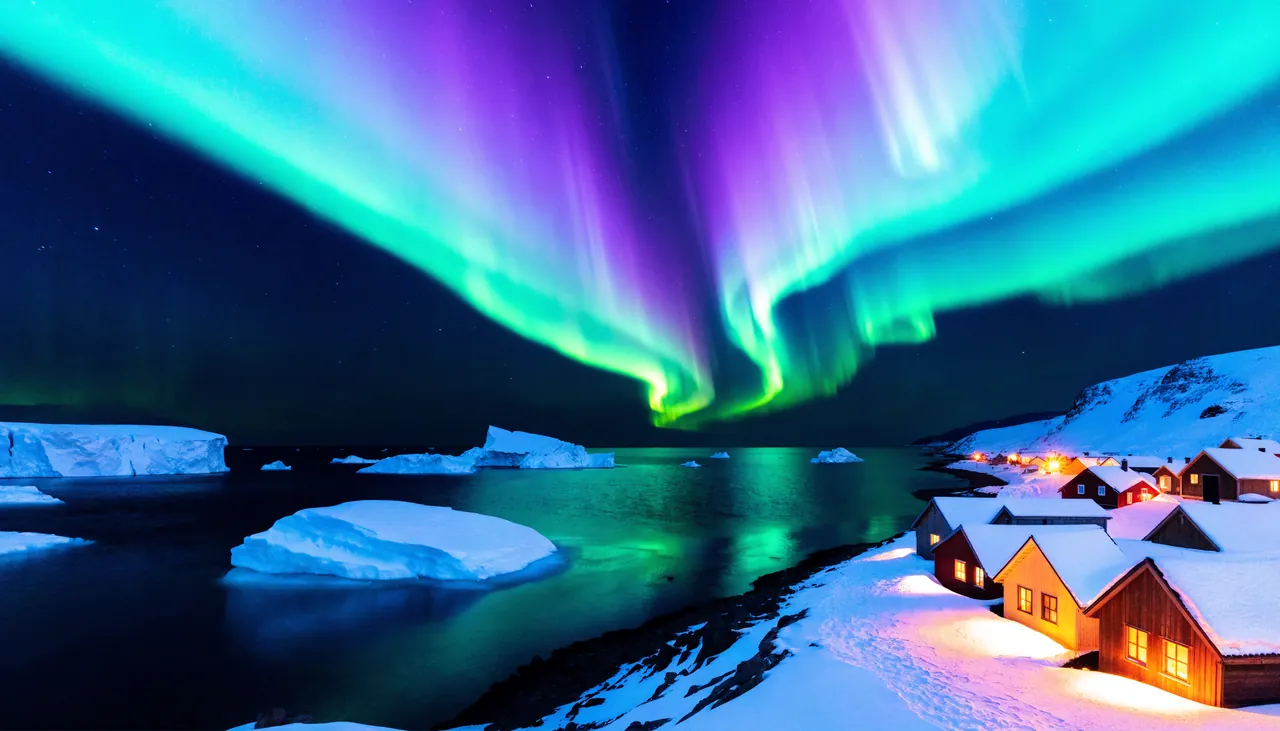 Nordlys over husene i en grønlandsk by