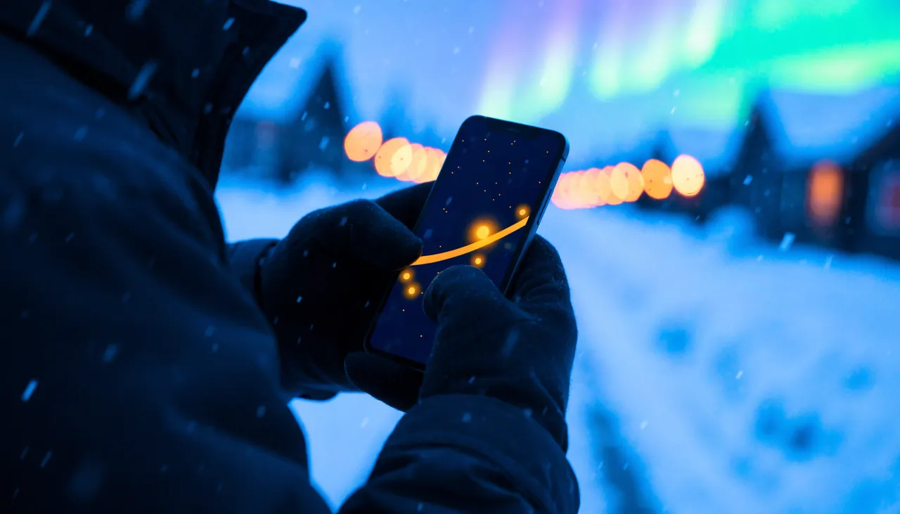 Telefon med spilgrænseflade i handskeklædte hænder i vintermørke